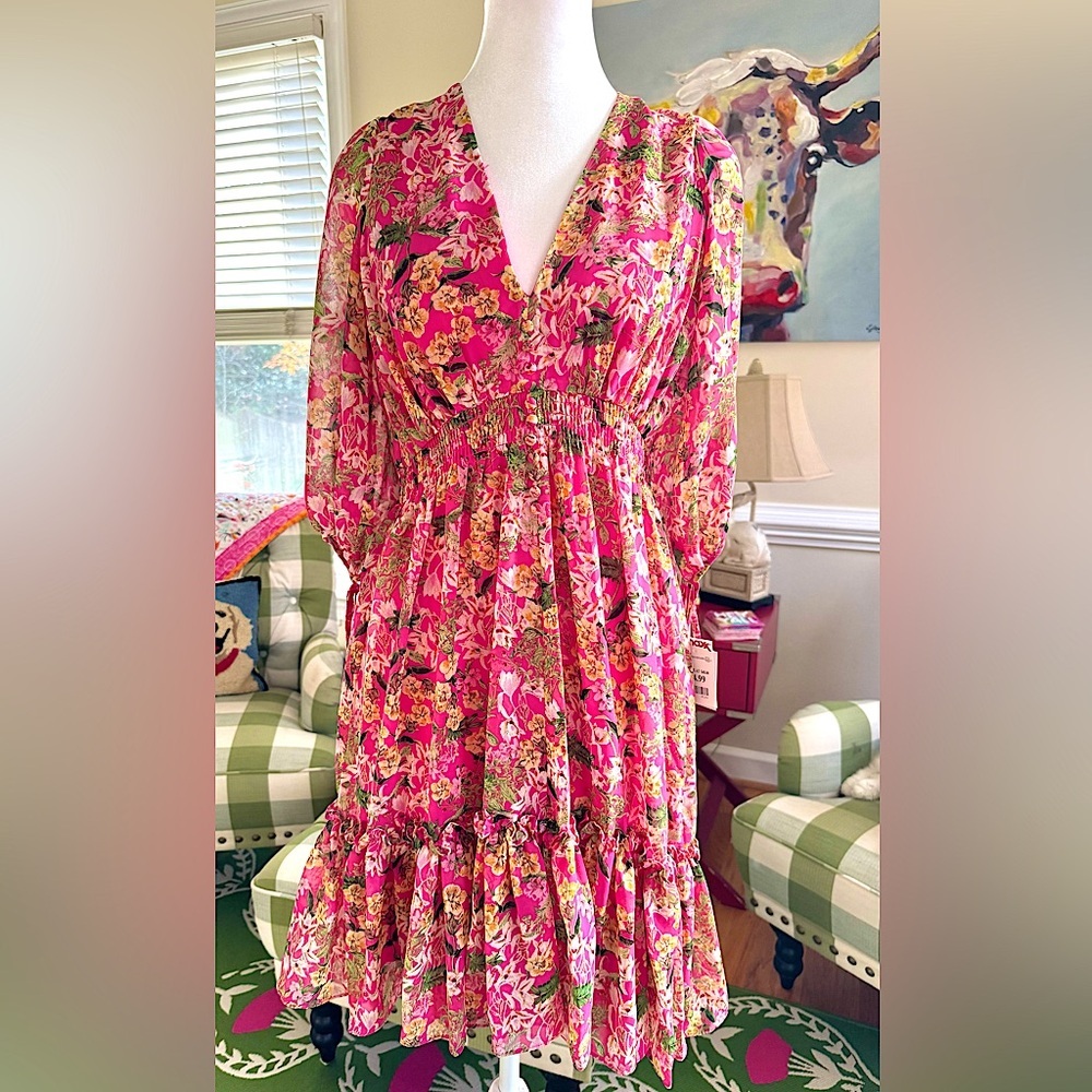 NWT TAYLOR 3/4 SLEEVE V- NECK BUTTON RUFFLE TRIM SMOCK WAUST MINI DRESS-S